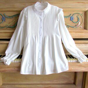 WHITE BLOUSE XXL LONG SLEEVED VICTORIAN RUFFLED, VERTICAL TUCKS, SOFT, MATERNITY
